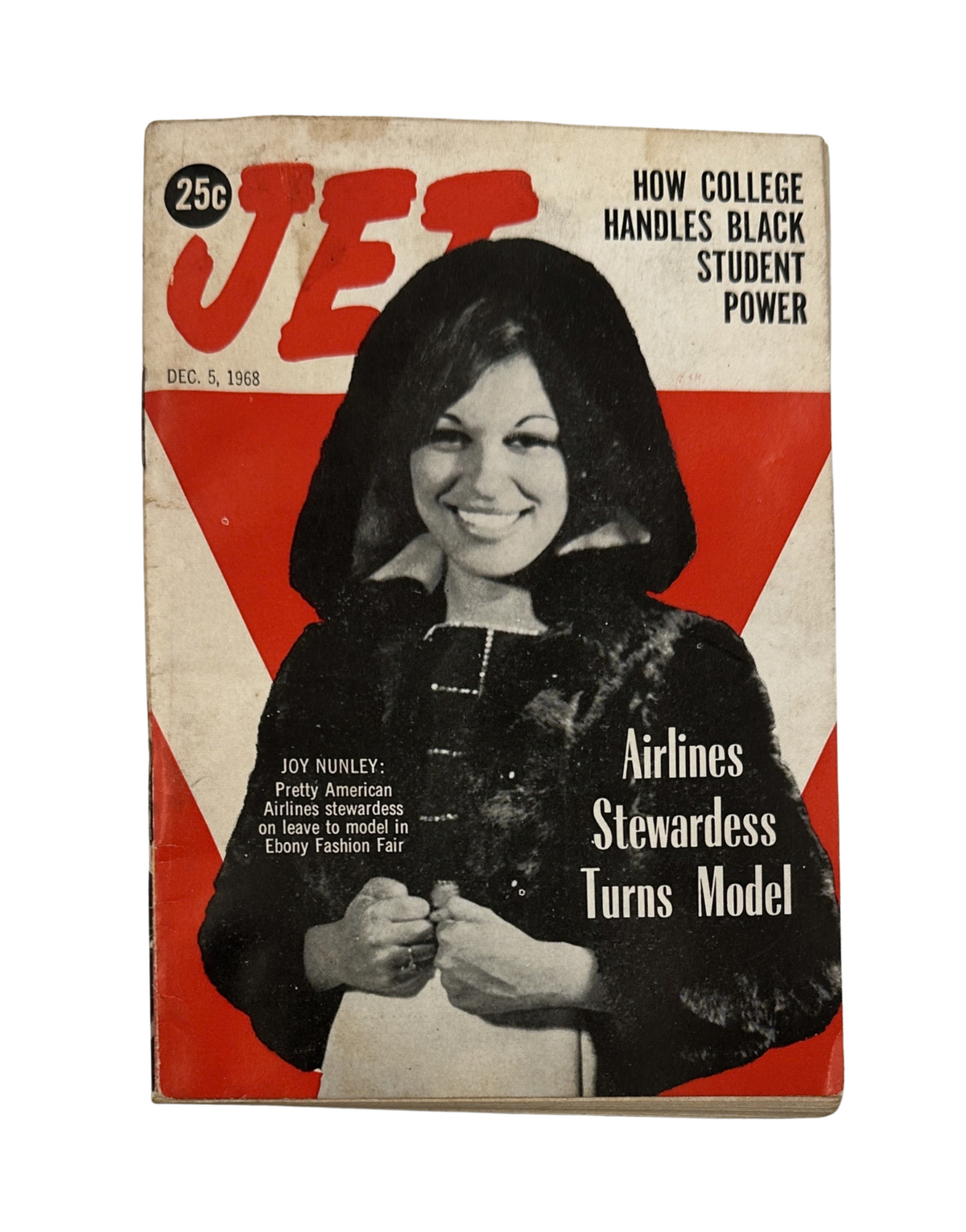 Jet Magazine cover from December 5, 1968 featuring Joy Nunley, Airlines Stewardess Turns Model, showcasing her in fashionable attire with a striking background.