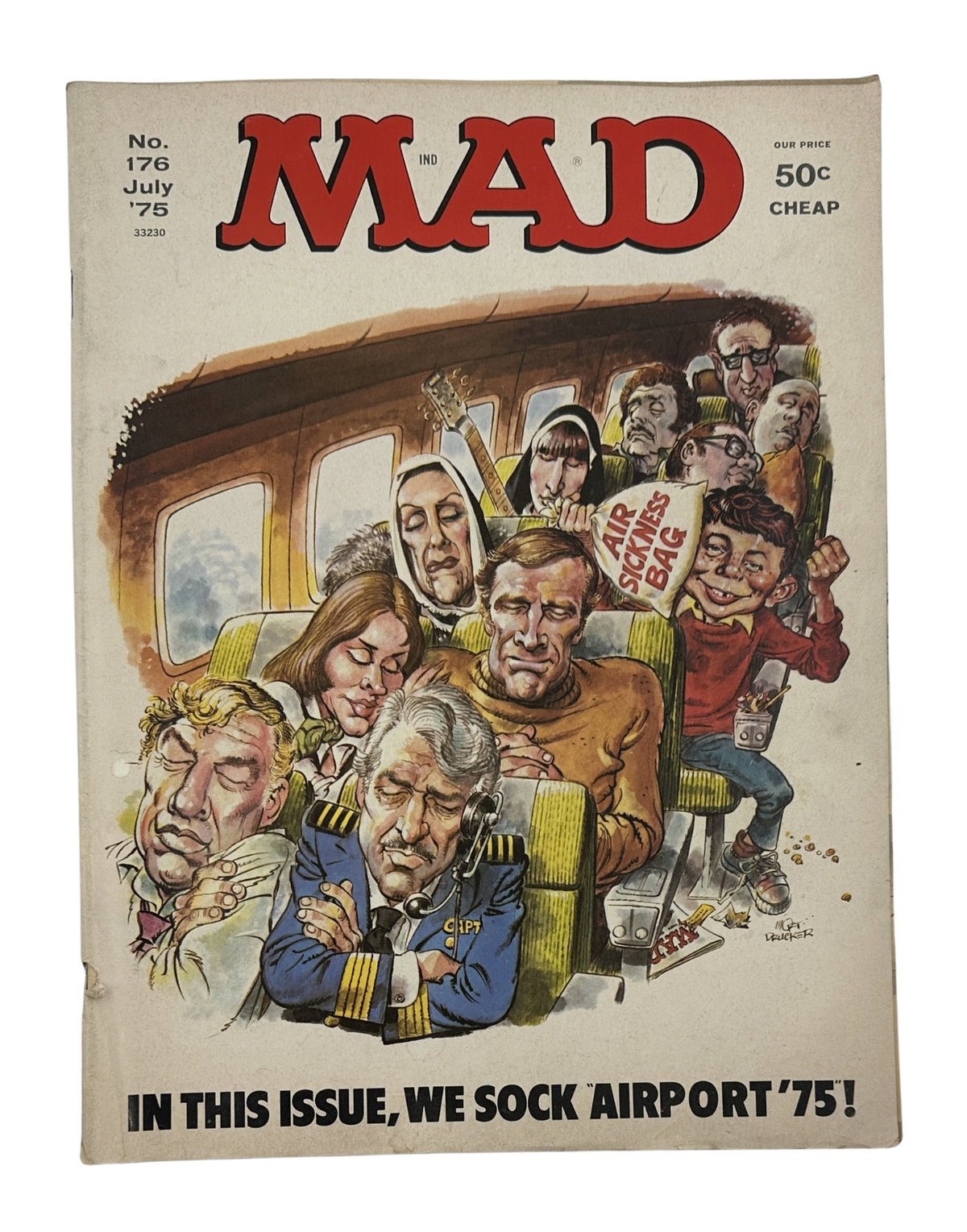 Cover of MAD Magazine No. 176 from July 1975 featuring a humorous illustration of passengers on a plane parodying the film Airport '75, with various characters in a comical distressed state.