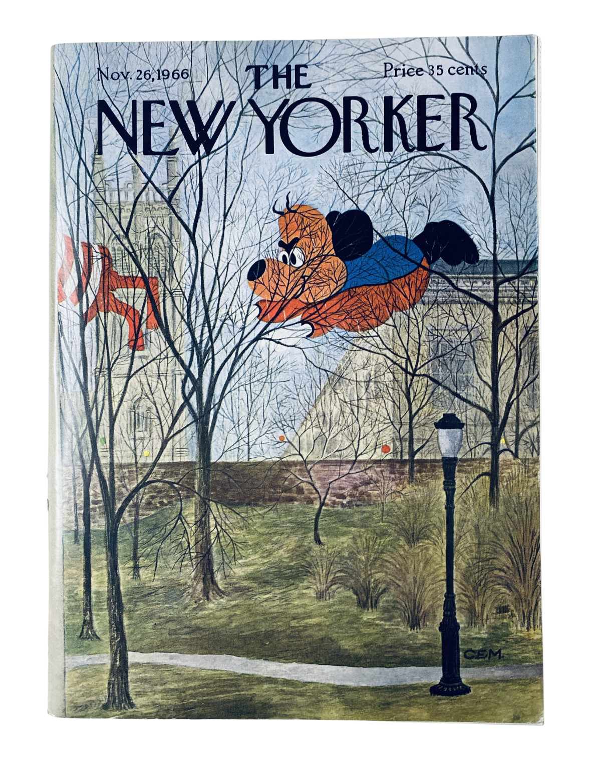 The New Yorker Magazine November 26, 1966 Cartoon Dog Cover by Charles Martin, featuring a playful dog illustration in a park setting.