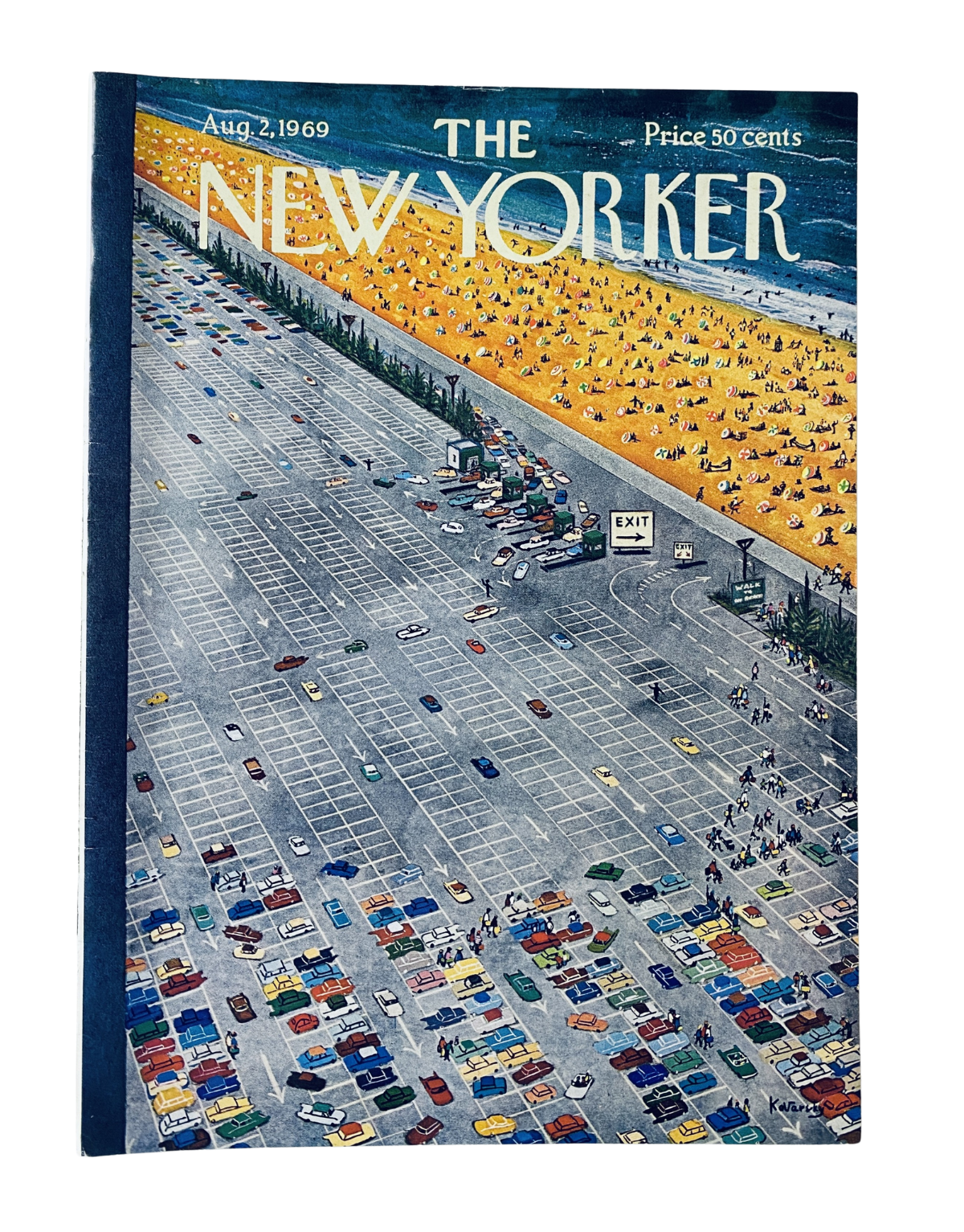 Cover of The New Yorker Magazine from August 2, 1969 by Anatol Kovarsky, showcasing a vibrant beach scene filled with cars and sunbathers.