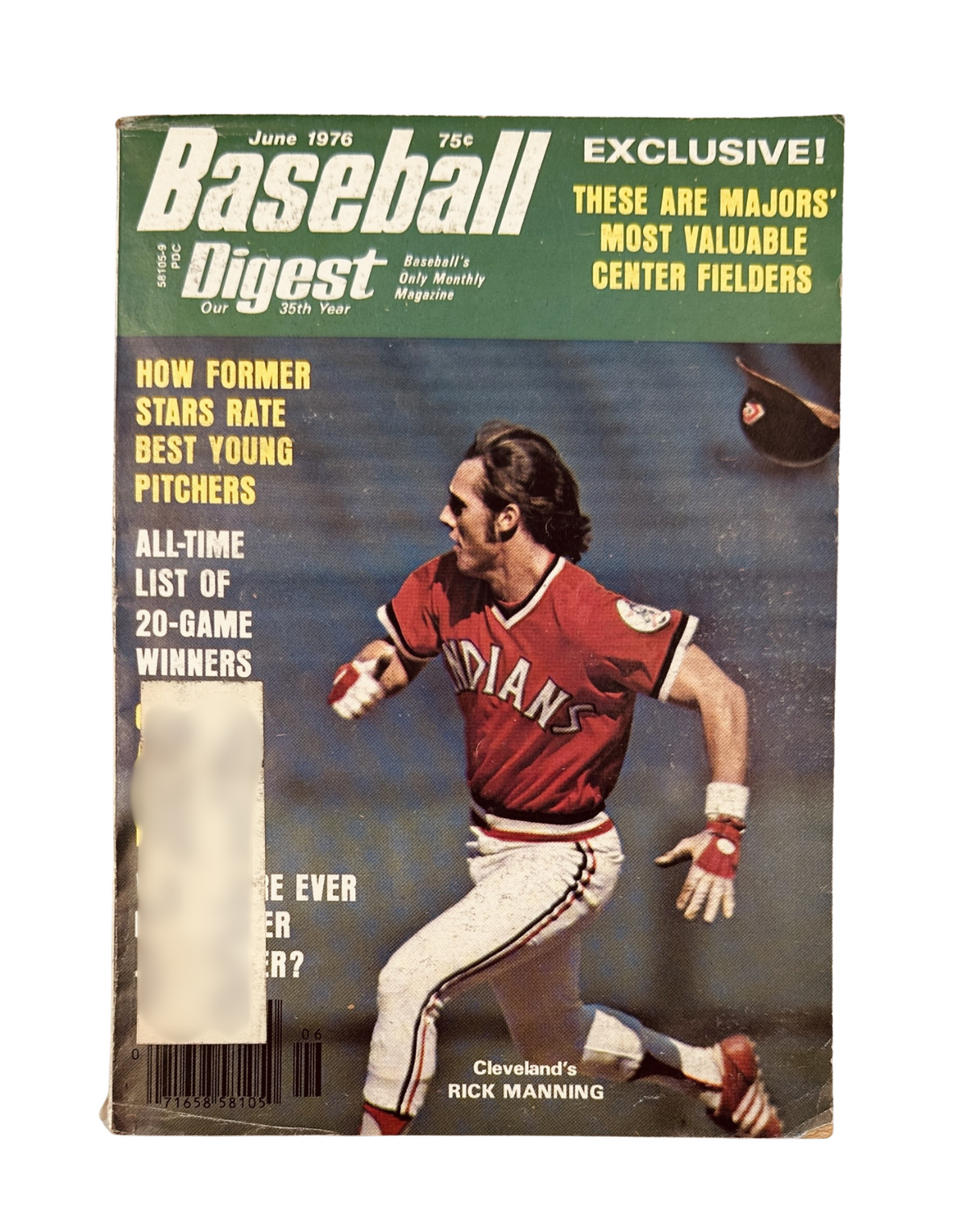 Baseball Digest Magazine June 1976 featuring Rick Manning on the cover, highlighting major league center fielders and all-time 20-game winners.