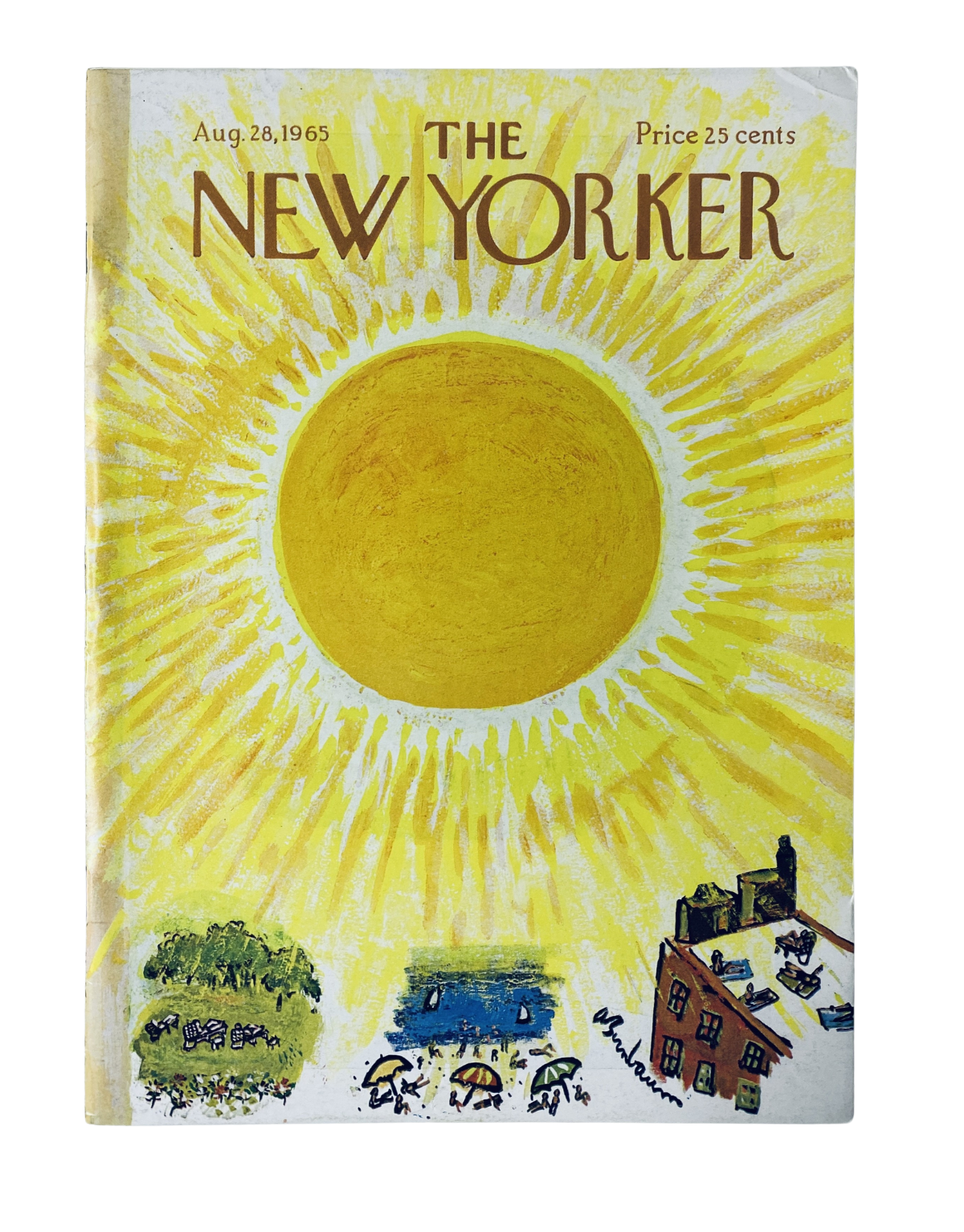 The New Yorker Magazine August 28, 1965 cover featuring a vibrant sun illustration, encapsulating a summer scene by Abe Birnbaum, priced at 25 cents.