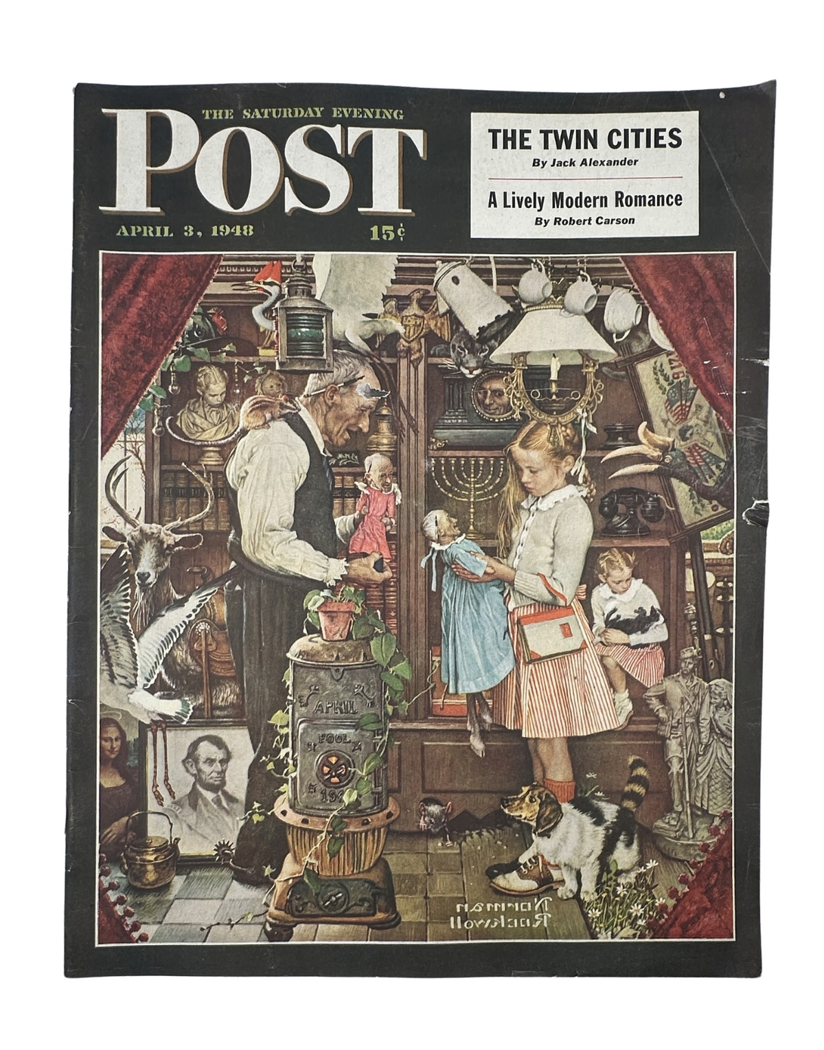 Cover of Saturday Evening Post Magazine from April 3, 1948, featuring 'The Twin Cities' artwork, showcasing a lively scene including children and various objects, painted by Norman Rockwell.