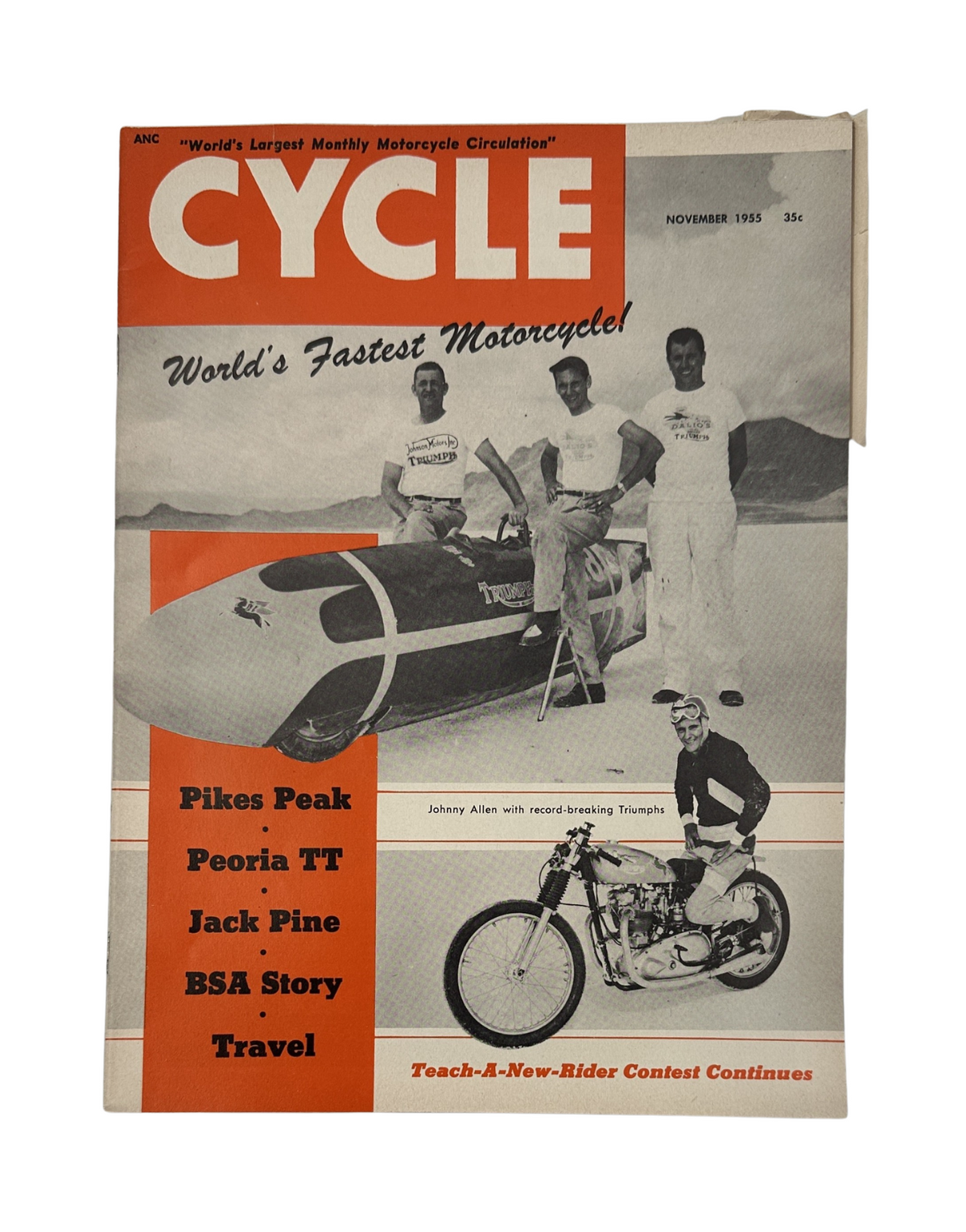 Cycle Magazine November 1955 cover featuring Pikes Peak, Peoria TT, Jack Pine, BSA Story, and travel article with imagery of a motorcycle and riders.