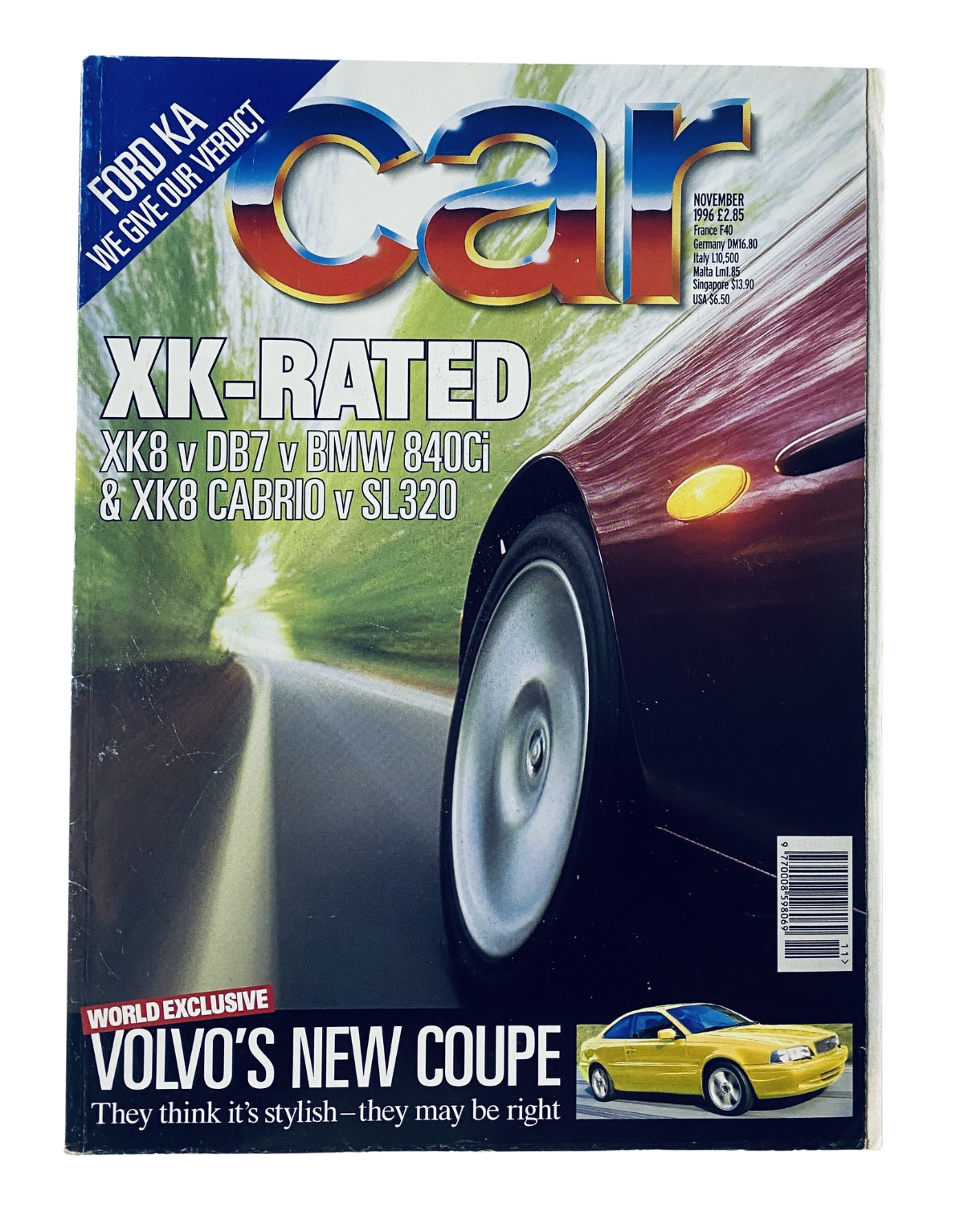 CAR Magazine November 1996 cover featuring the title 'XK-RATED' with a Jaguar XK8 and graphics highlighting comparisons with DB7 and BMW 840Ci, along with a feature on Volvo's new coupe.