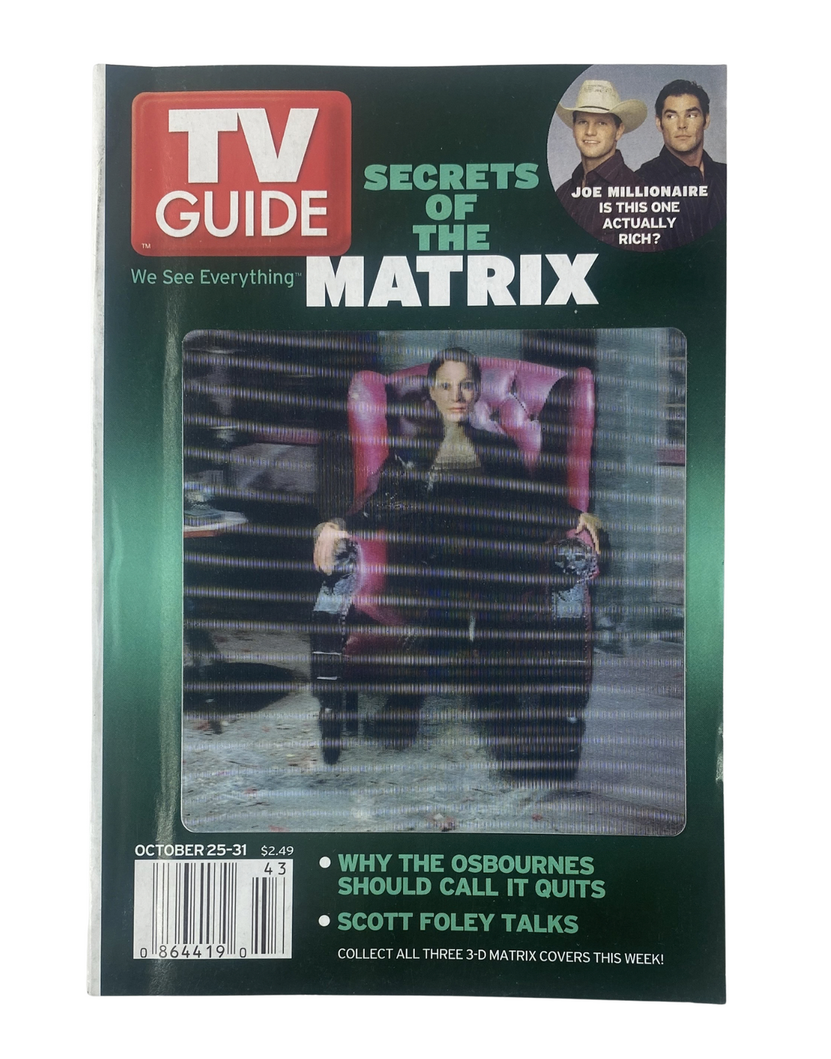TV Guide Magazine cover from October 25, 2003 featuring 'Secrets of the Matrix', Scott Foley, and discussions on reality TV like Joe Millionaire. This issue highlights the Matrix trilogy and reviews of popular shows.