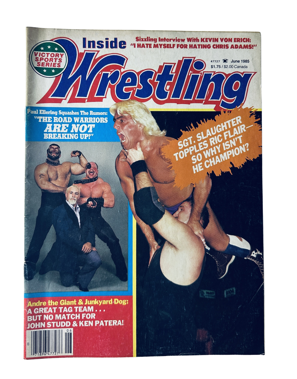 Cover of Inside Wrestling Magazine, June 1985 featuring Kevin Von Erich and Sgt. Slaughter with notable headlines including 'Sgt. Slaughter Topples Ric Flair—So Why Isn’t He Champion?' and insights into The Road Warriors.