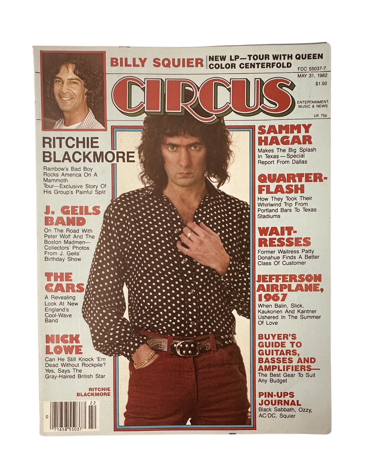 Circus Magazine cover from May 31, 1982 featuring Ritchie Blackmore, Sammy Hagar, and The Cars. Highlights include a Billy Squier poster and articles about Jefferson Airplane, The Waitresses, and Nick Lowe.