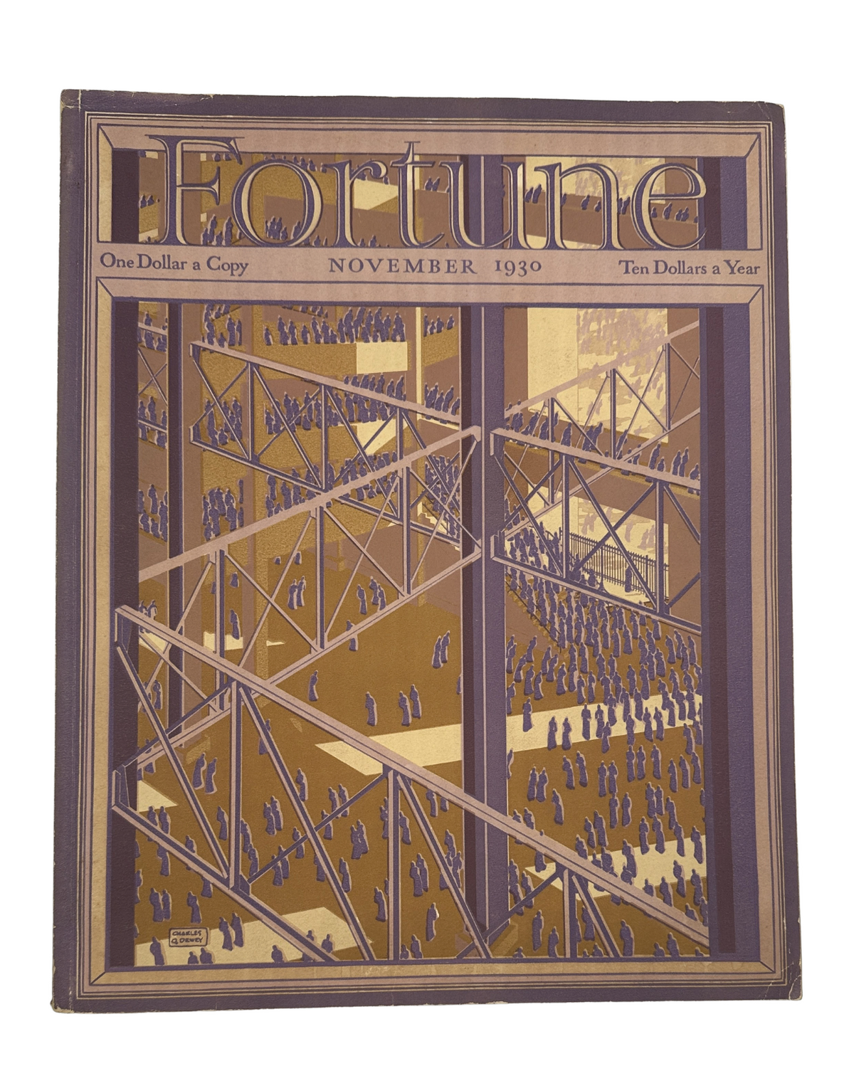 Fortune Magazine November 1930 cover featuring an industrial crowd among skyscrapers, showcasing artistic design and historical significance.