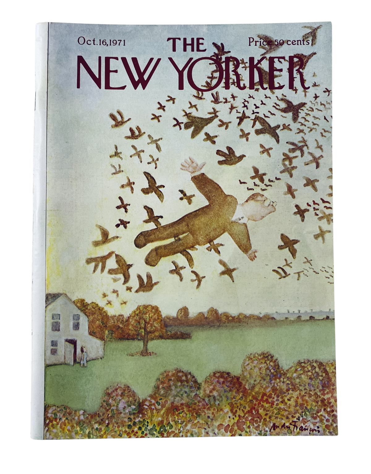 The New Yorker Magazine October 16, 1971 cover featuring an illustration by A. François depicting a flying man surrounded by birds, showcasing a whimsical and artistic design.