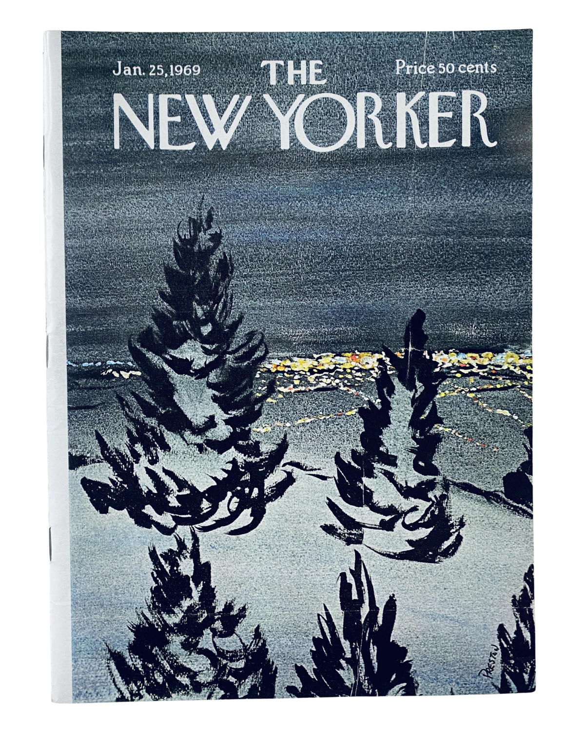Cover of The New Yorker Magazine from January 25, 1969, featuring a winter landscape with trees. The artwork, created by D. Preston, captures a serene snowy scene, highlighting natural elements against a muted background.
