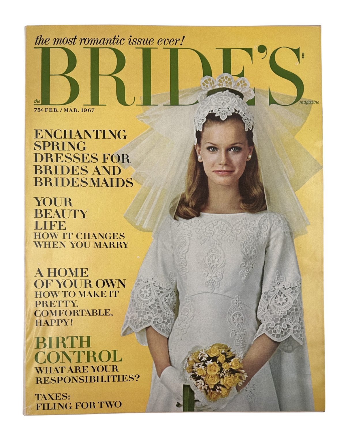 Cover of Bride's Magazine February/March 1967 featuring enchanting spring dresses for brides and bridesmaids, showcasing a bride in a lace gown and veil holding a bouquet.