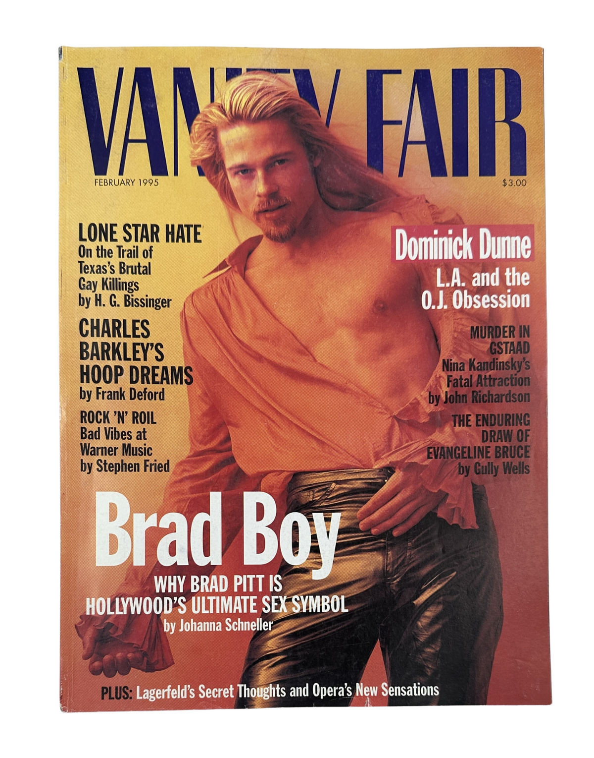 Vanity Fair Magazine February 1995 featuring Brad Pitt on the cover, showcasing the title 'Brad Boy' and articles on Lone Star Hate and Charles Barkley's Hoop Dreams.
