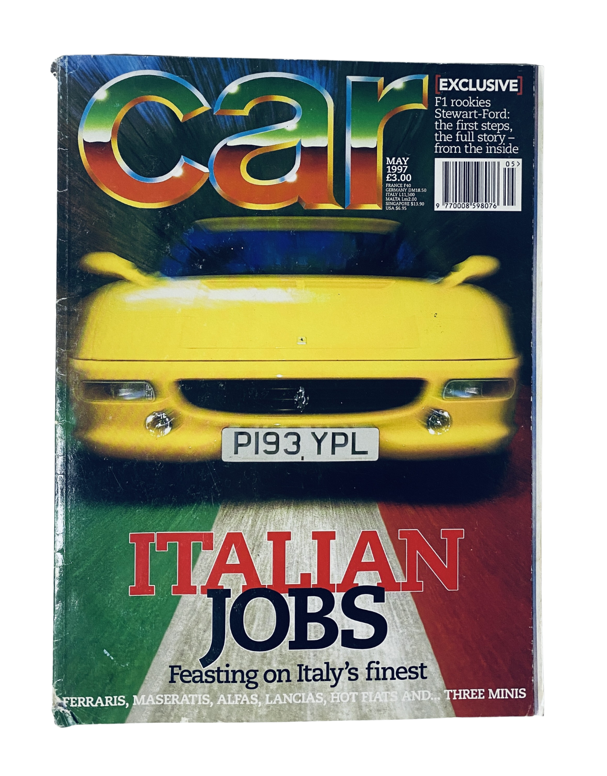 Cover of Car Magazine May 1997 featuring Italian Jobs, showcasing sports cars including Ferrari and Maserati, with a vibrant design and the headline 'Italian Jobs - Feasting on Italy's Finest'.