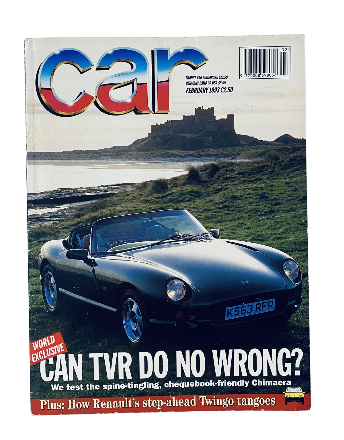 Cover of Car Magazine February 1993 featuring TVR Chimaera, showcasing the headline 'CAN TVR DO NO WRONG?' with a scenic background and a sleek black TVR car.