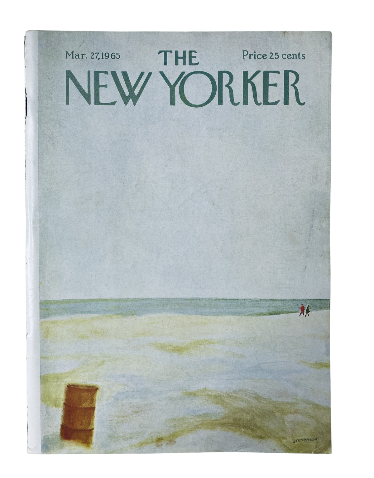 Cover of The New Yorker Magazine dated March 27, 1965, featuring a serene beach shoreline illustration by James Stevenson. The artwork depicts a calm seascape with a barrel and distant figures, capturing a tranquil moment.