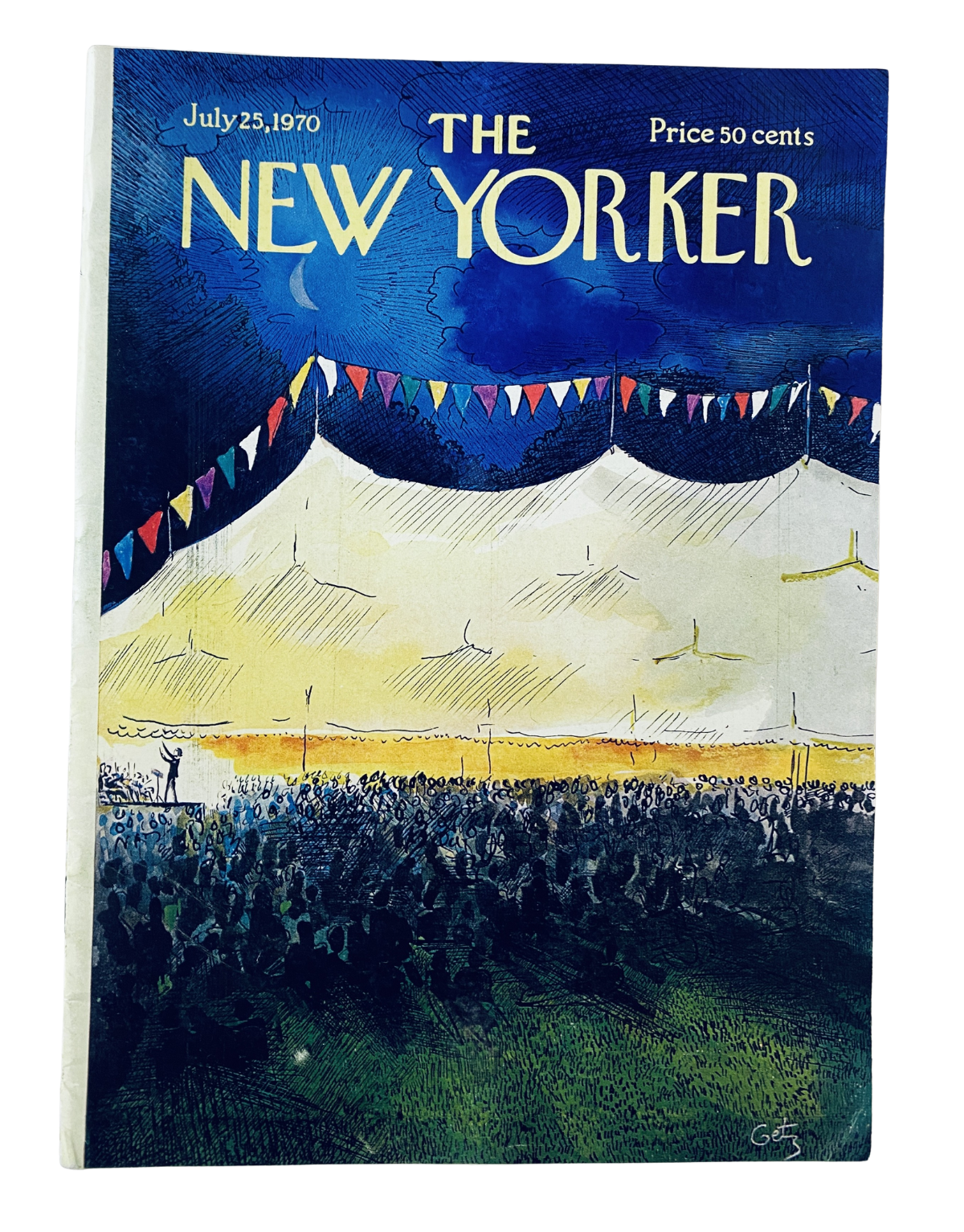 The New Yorker Magazine July 25, 1970 cover featuring circus tent with colorful banners and dark sky, illustrated by Arthur Getz.