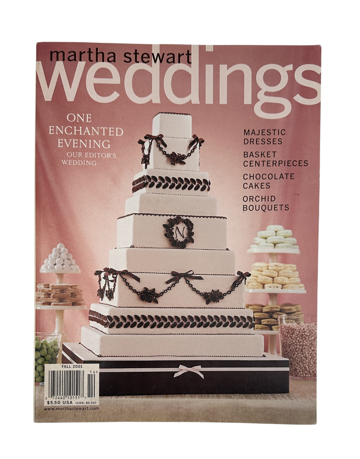 Cover image of Martha Stewart Weddings Magazine Fall 2001 featuring a stunning nine-tiered chocolate wedding cake adorned with elegant decorations, representing the theme of chocolate cakes and wedding elegance.