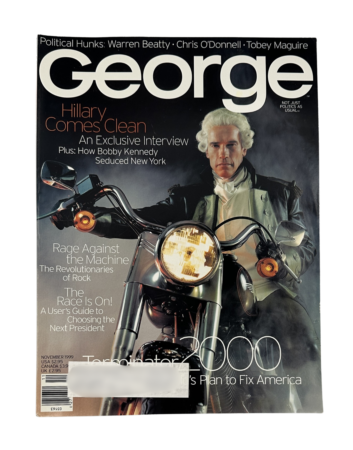 George Magazine November 1999 cover featuring a motorcyclist, titled 'Hillary Comes Clean: An Exclusive Interview' alongside political themes.