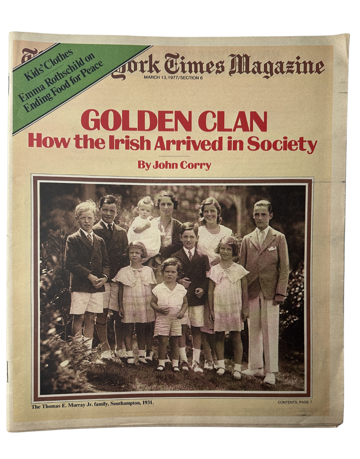 The New York Times Magazine March 13, 1977 cover featuring the article 'Golden Clan: How the Irish Arrived in Society' by John Corry, with a historic photograph of the Thomas E. Murray Jr. family from 1931.