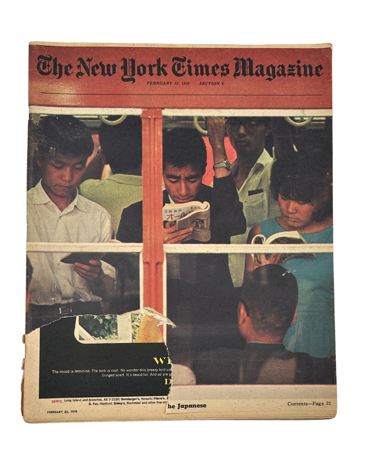Cover of The New York Times Magazine from February 22, 1970, featuring passengers reading in a Tokyo subway, highlighting Japanese culture in relation to Expo '70.