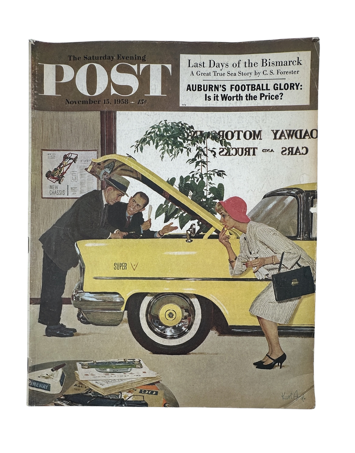 Cover of the Saturday Evening Post magazine from November 15, 1958, featuring the title 'Last Days of the Bismarck,' an article by C.S. Forester, and a depiction of a woman in a red dress inspecting a yellow car under the hood, emphasizing themes of Auburn's football and the allure of automobiles.