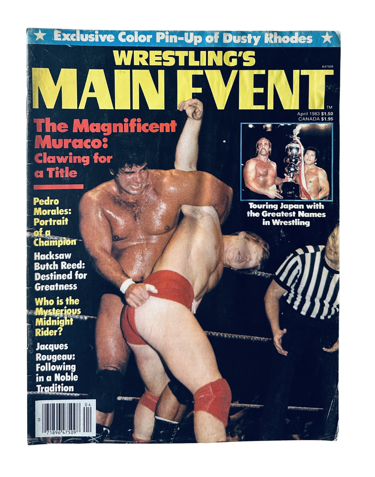 Cover of Wrestling’s Main Event Magazine for April 1983 featuring The Magnificent Muraco wrestling, along with images of Pedro Morales and Dusty Rhodes, showcasing prominent wrestlers of the era.