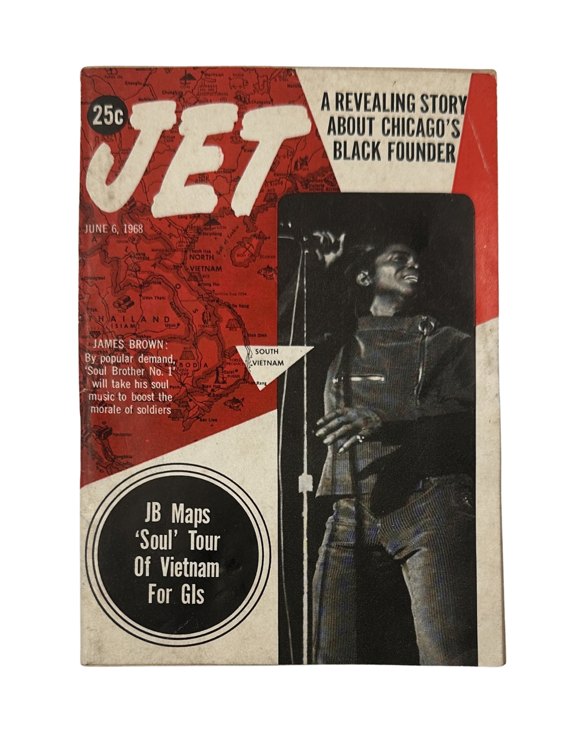 Jet Magazine June 6, 1968 featuring James Brown on the cover, promoting the 'Soul Tour' in Vietnam for GIs.