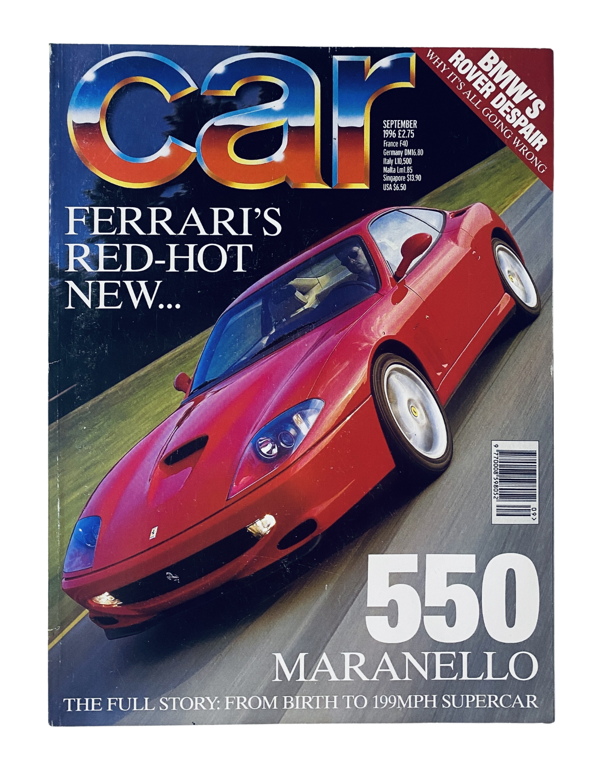Cover of CAR Magazine September 1996 featuring Ferrari 550 Maranello, highlighting its specifications and performance.