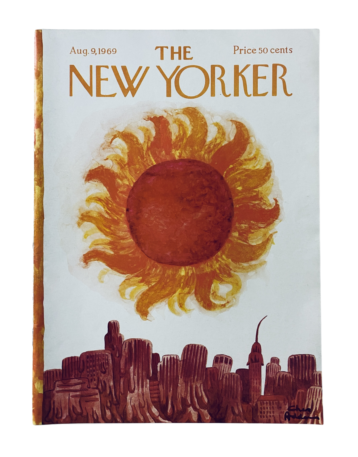 Cover of The New Yorker Magazine August 9, 1969 featuring a vibrant sun illustration above a NYC skyline, highlighting original artwork by Charles Addams.