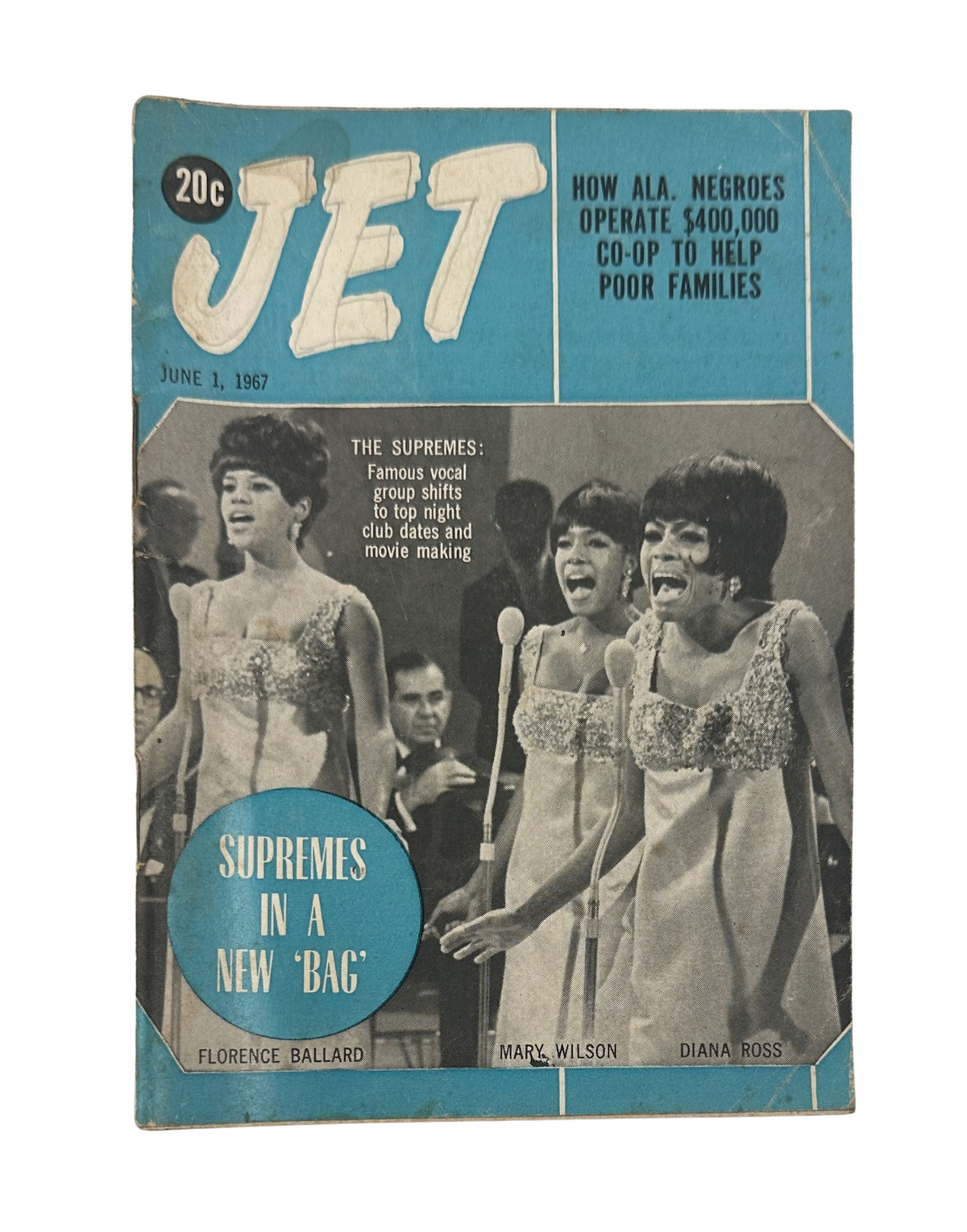 Jet Magazine cover from June 1, 1967 featuring The Supremes: Diana Ross, Mary Wilson, and Florence Ballard, highlighting their success and cultural impact in music and film.