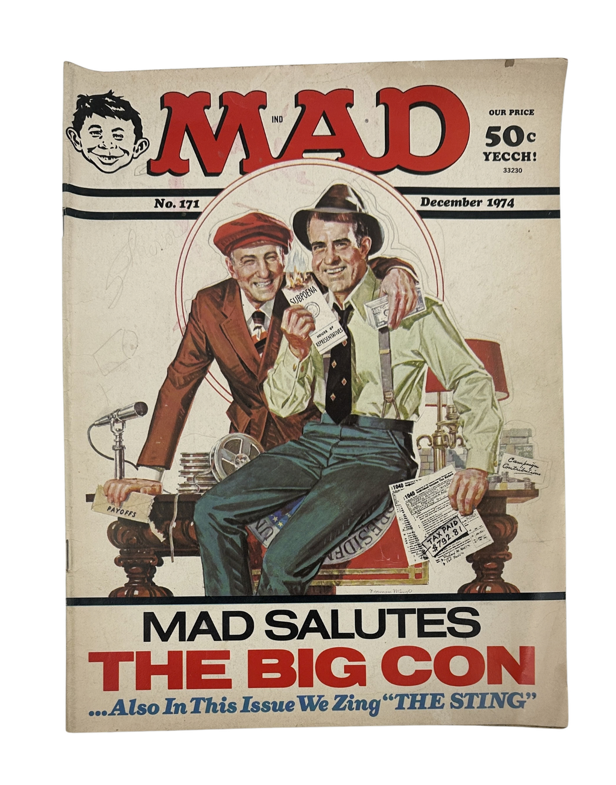 Cover of MAD Magazine No. 171 from December 1974 featuring characters themed around 'The Sting' with the tagline 'MAD SALUTES THE BIG CON'. The issue showcases humor and satire typical of MAD Magazine.