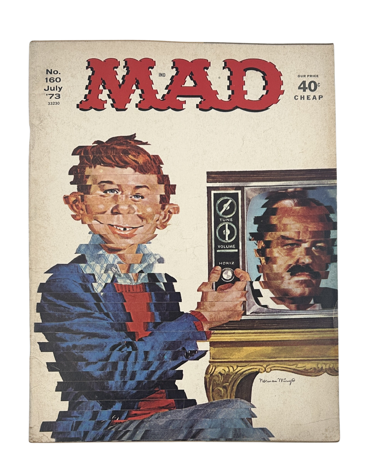 Cover of MAD Magazine No. 160 from July 1973 featuring a humorous illustration of a boy with a TV, showcasing the magazine's unique satire style. The issue is noted for its content relating to 'Cannonball' in entertaining light.