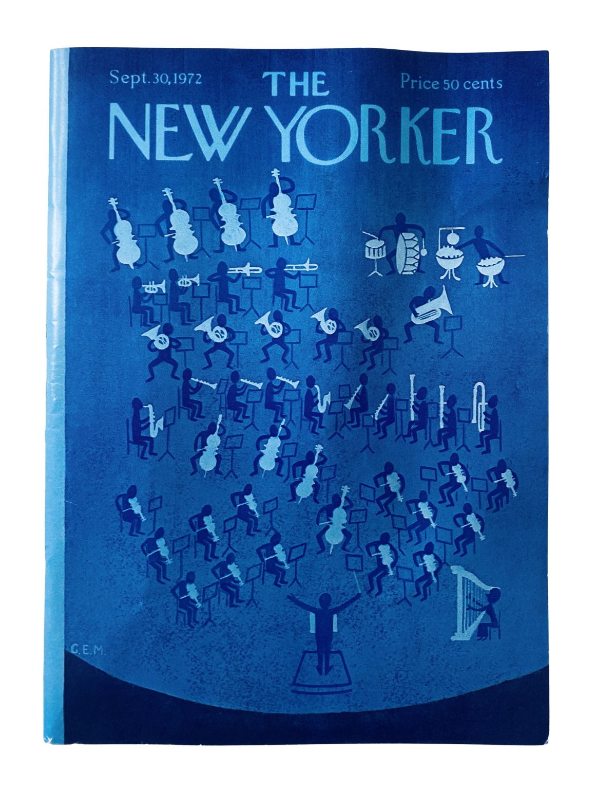 The New Yorker Magazine September 30, 1972 cover featuring a blue-toned illustration of an orchestra with various musicians and instruments, designed by Charles E. Martin.