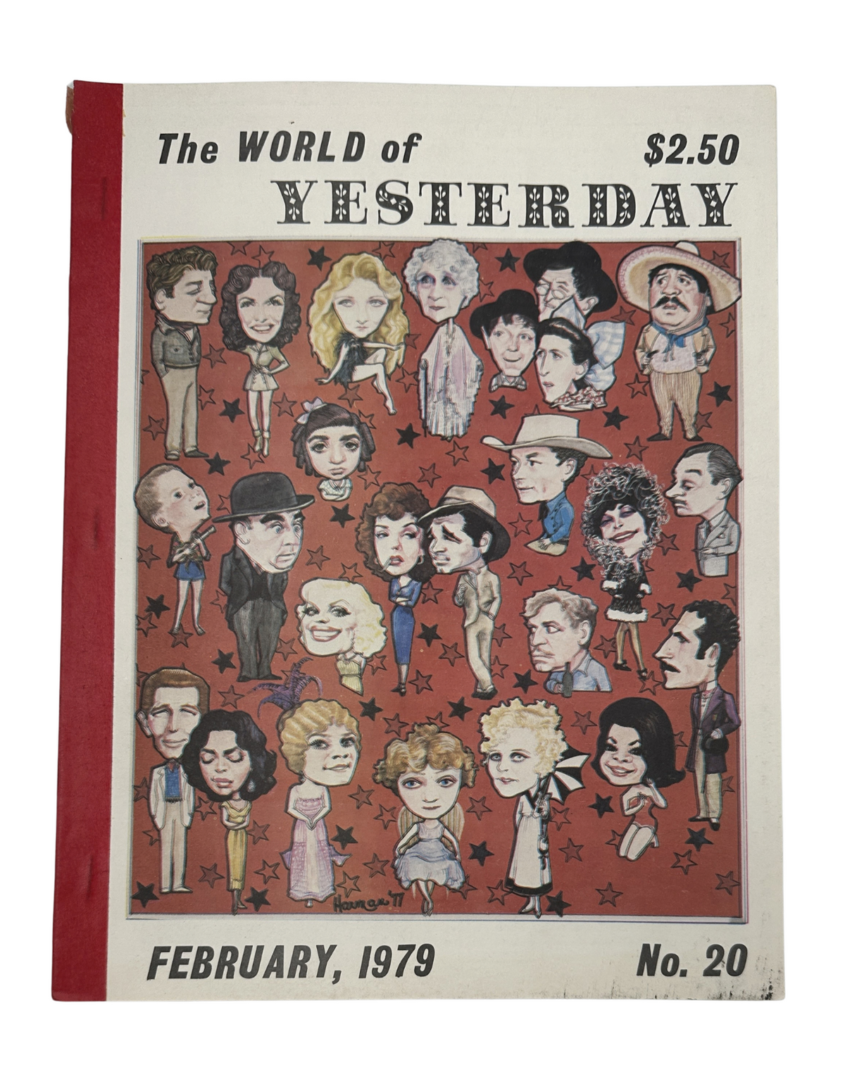 Cover of The World of Yesterday Magazine, February 1979, featuring colorful caricatures of classic Hollywood film stars, number 20.