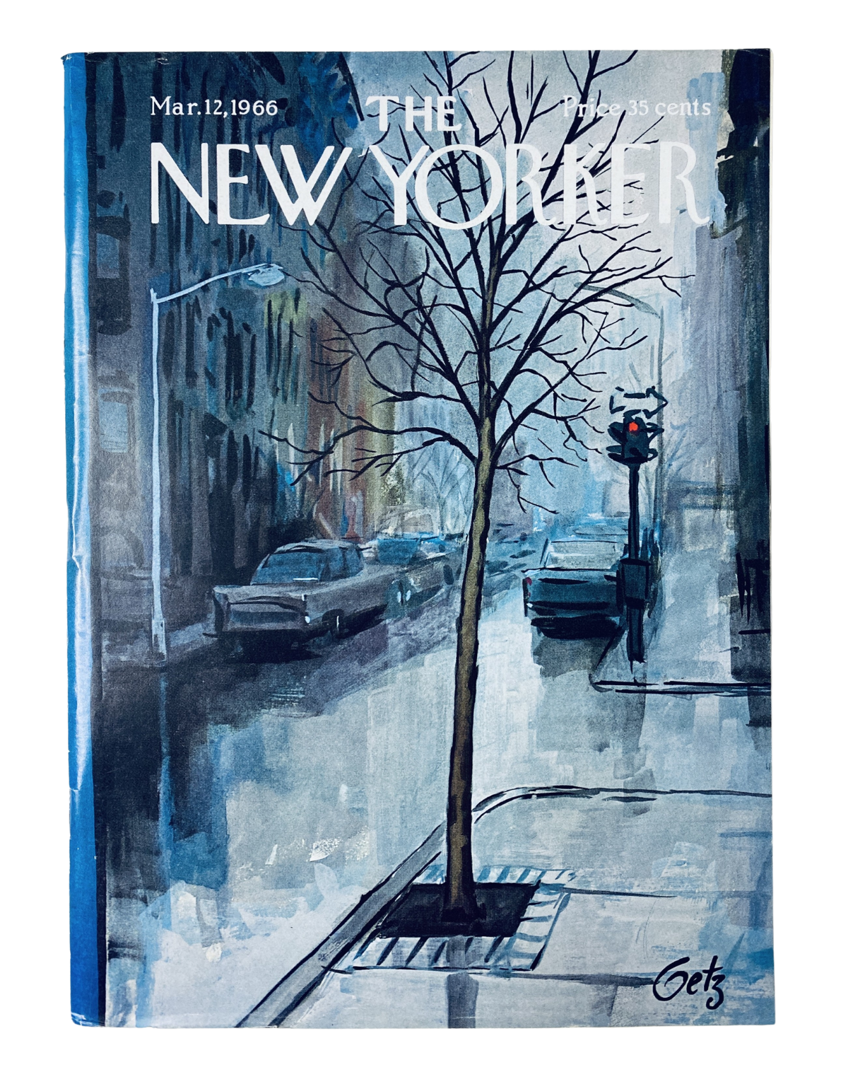 The New Yorker Magazine March 12, 1966 cover featuring a city street scene with a tree and a traffic light, illustrated by Arthur Getz.