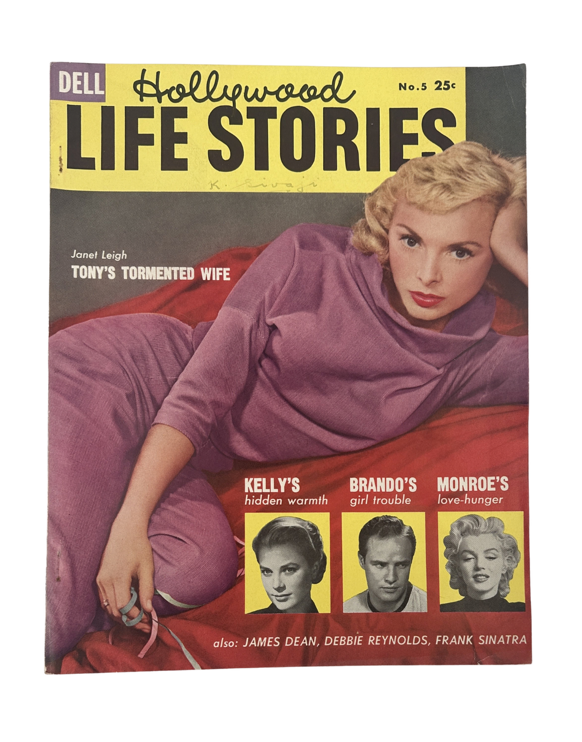 Cover of Hollywood Life Stories Magazine No.5 from 1955 featuring Janet Leigh, along with mentions of Marilyn Monroe, Marlon Brando, Grace Kelly, and others. Highlights include stories on Hollywood stars and their lives.