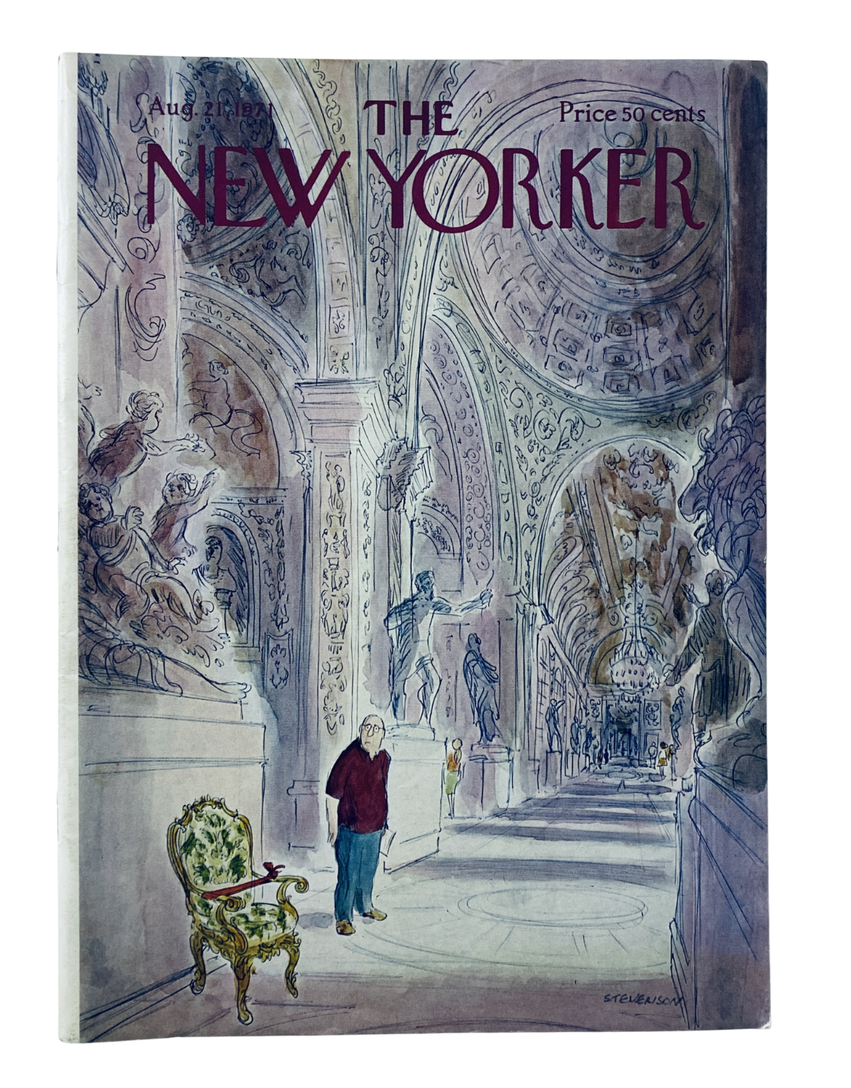 The New Yorker Magazine August 21, 1971 cover featuring an artistic depiction of a museum hall, illustrated by James Stevenson, highlighting intricate architecture and a solitary figure.