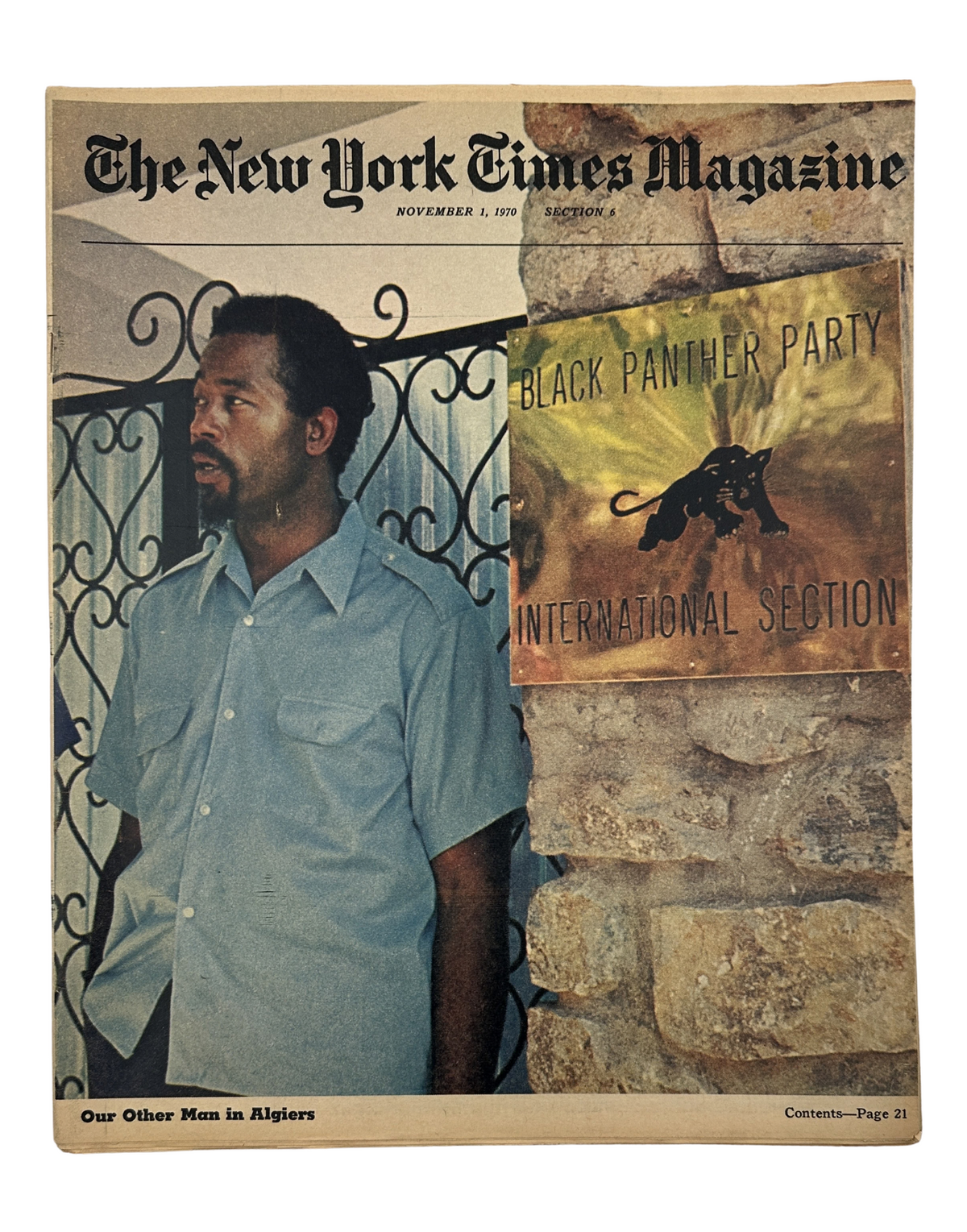 Cover of The New York Times Magazine, November 1, 1970, featuring Eldridge Cleaver, representing the Black Panther Party, standing beside a sign for the International Section in Algiers.