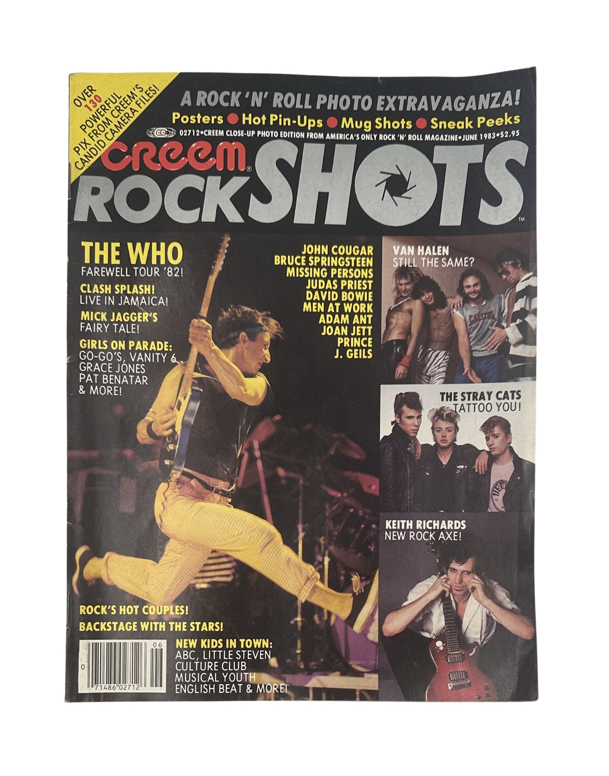 Creem Rock Shots magazine cover from June 1983 featuring The Who, Van Halen, and others, highlighting Bruce Springsteen and Joan Jett, with references to rock music's iconic moments.