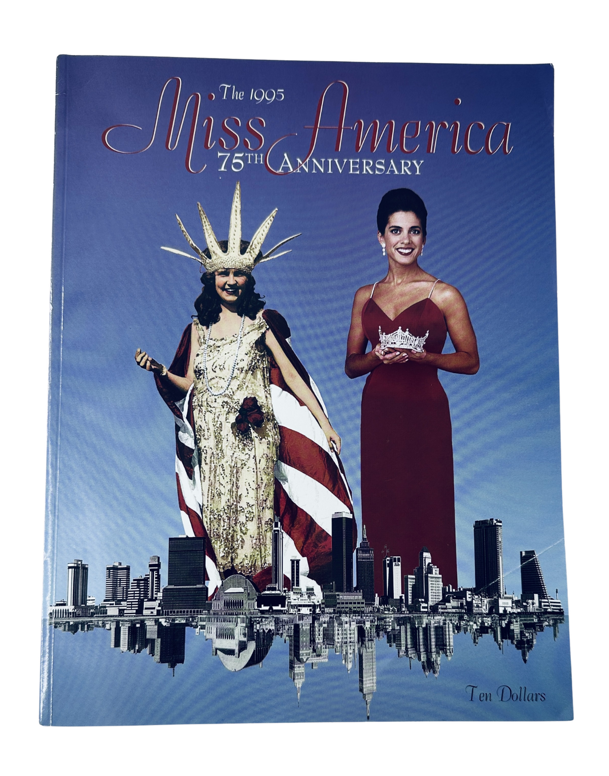 Cover of Miss America Magazine 1995 75th Anniversary Official Program Pageant featuring a Statue of Liberty-inspired figure alongside a beauty pageant contestant, showcasing the theme of the special anniversary.