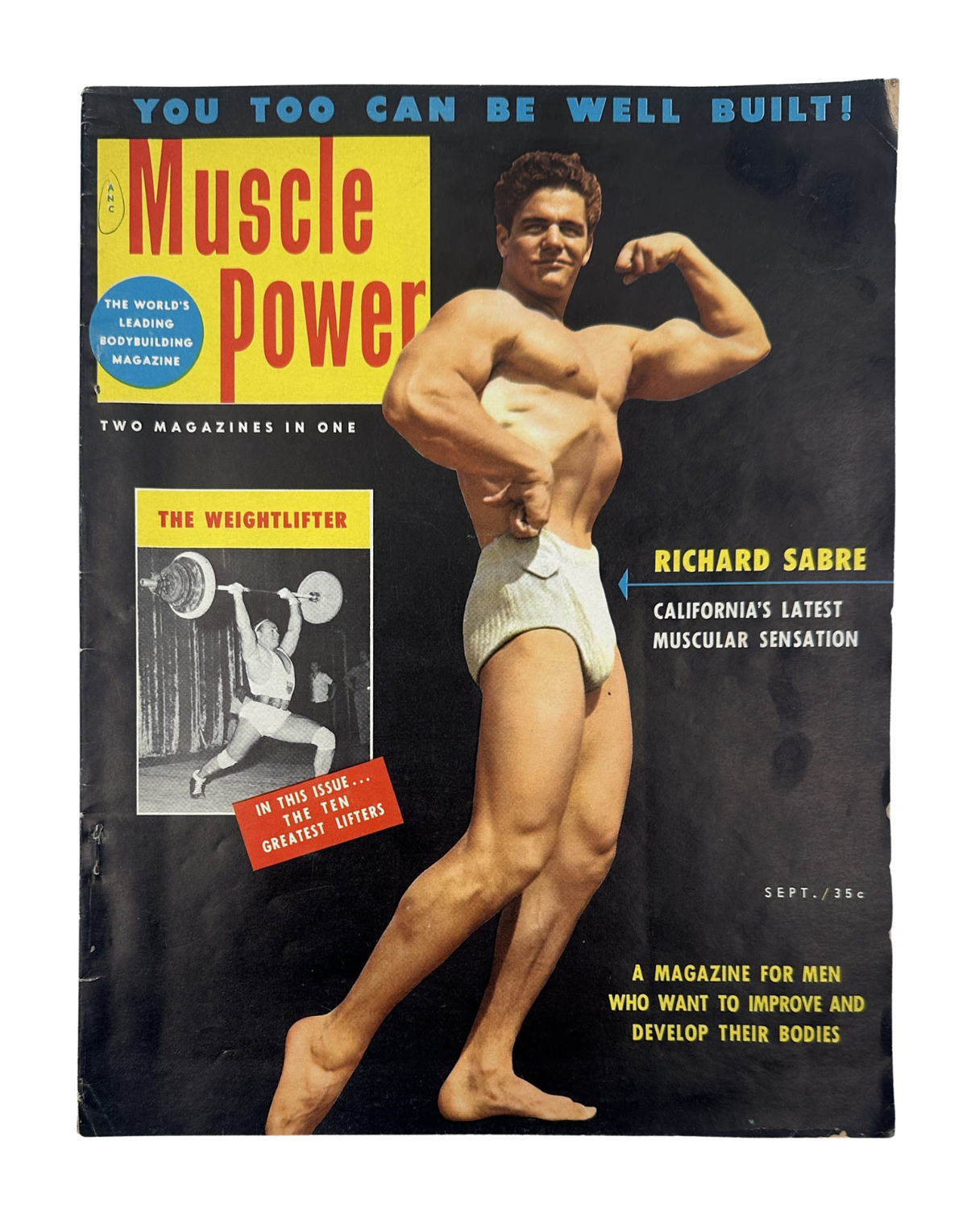 Cover of Muscle Power Magazine from September 1954 featuring muscular bodybuilder Richard Sabre, promoting bodybuilding and fitness. The magazine title and tagline highlight it as the leading bodybuilding magazine.