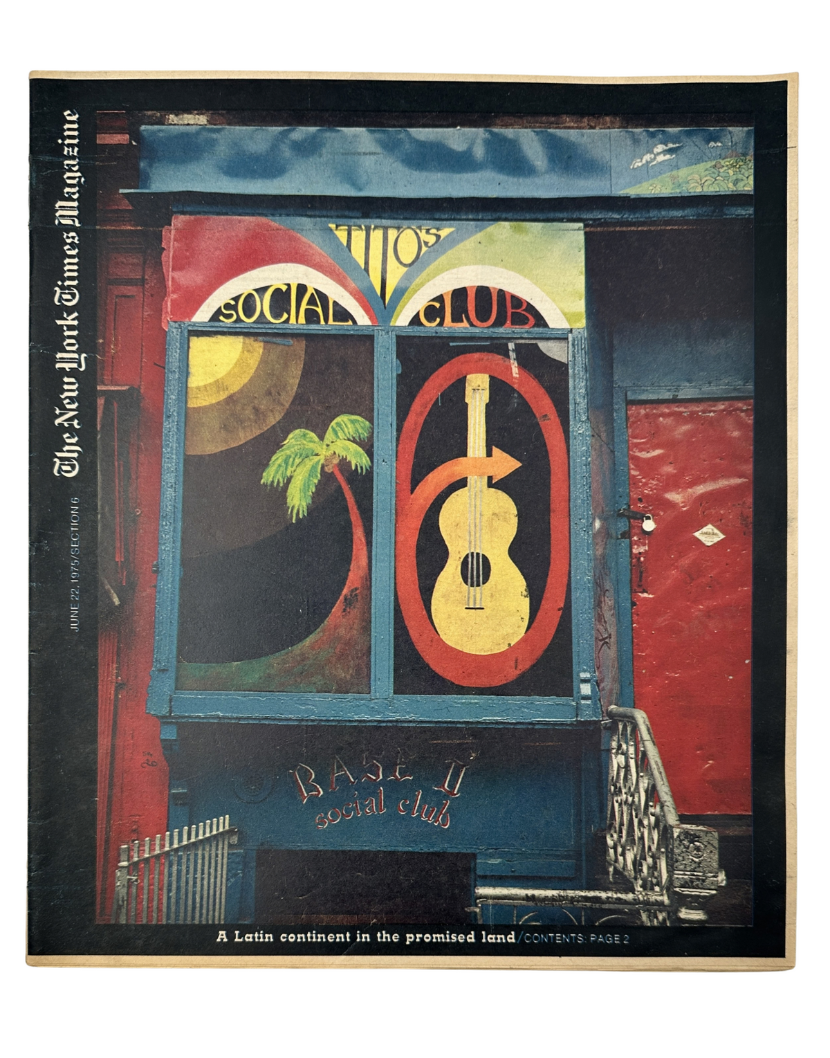 The New York Times Magazine June 22, 1975 cover featuring Tito's Social Club, showcasing vibrant window painting with a guitar. The magazine is in very good condition with light edge wear.
