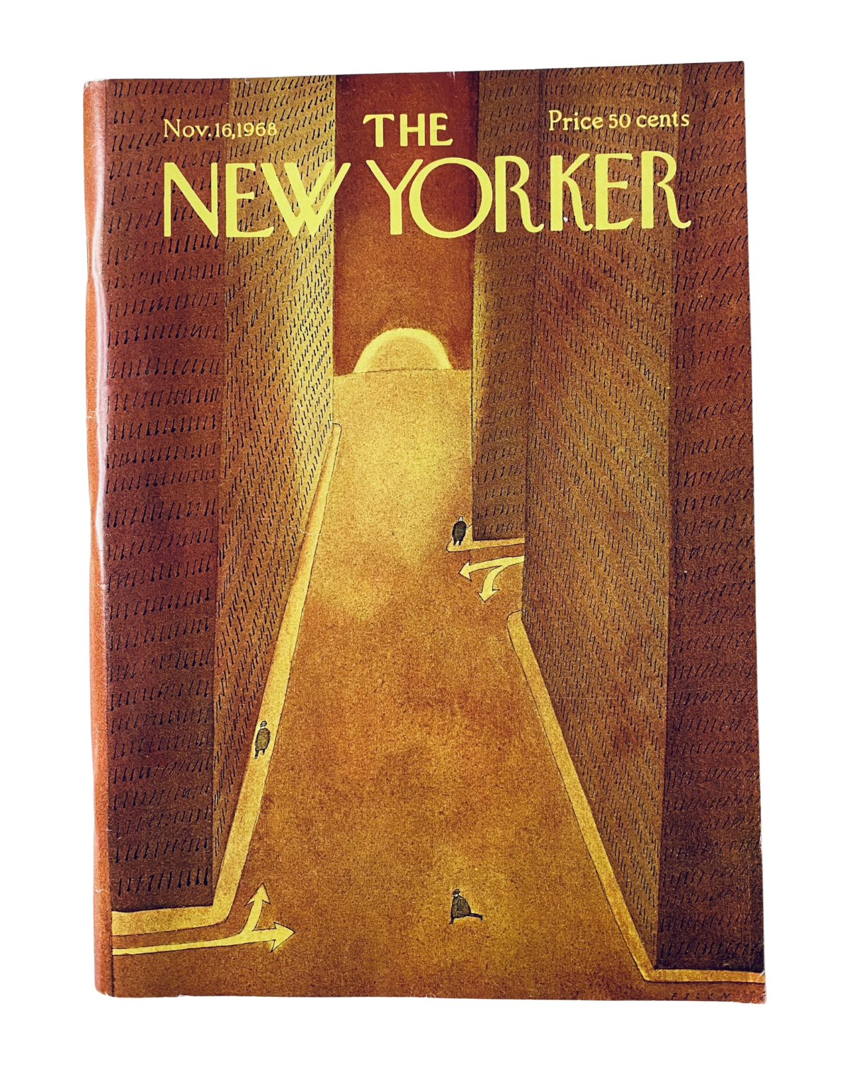 The New Yorker Magazine November 16, 1968 featuring the Abstract Alley cover by J. Folon, showcasing a warm-toned alley with figures, in very good condition.