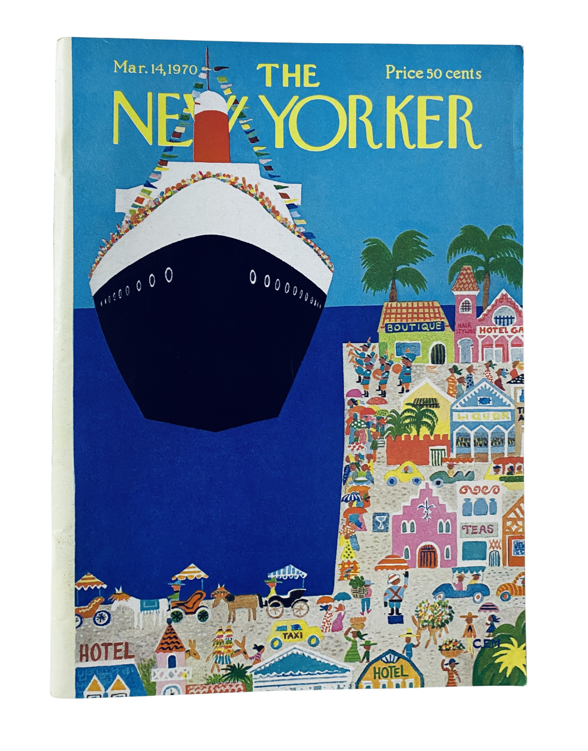 Cover of The New Yorker Magazine March 14, 1970, featuring a colorful illustration of a cruise ship against a vibrant seaside village backdrop.