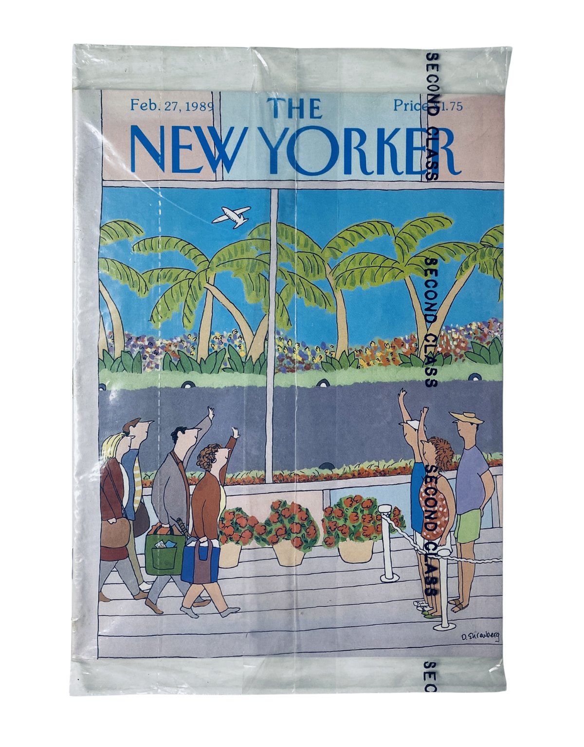 SEALED The New Yorker Magazine February 27, 1989 featuring an Airport Window cover with palm trees, depicting people waving goodbye. Perfect for collectors of vintage magazines.