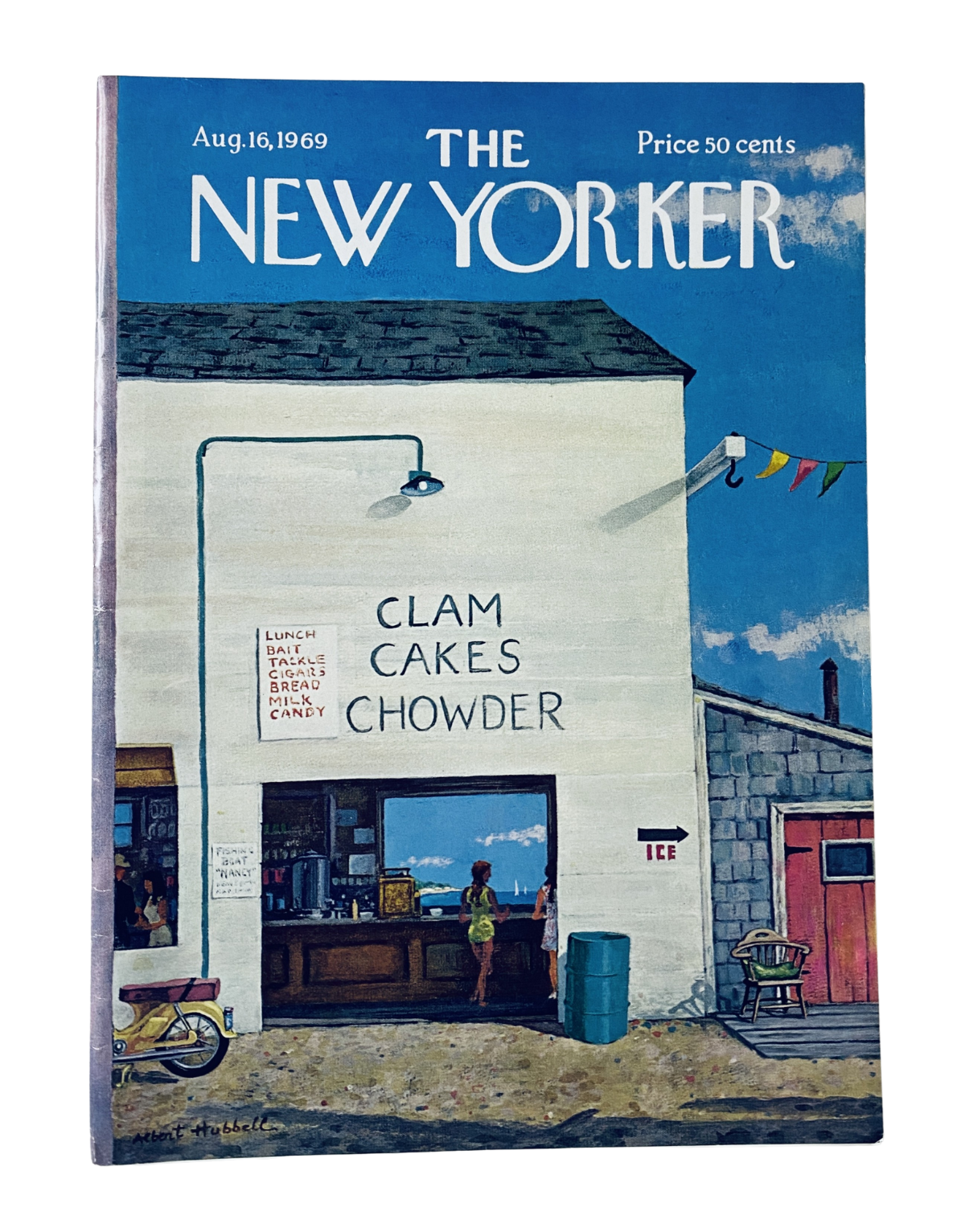 The New Yorker Magazine August 16, 1969 cover featuring a vibrant illustration of a clam cake and chowder restaurant by artist Albert Hubbell, showcasing a coastal scene with a woman standing in front of the building.