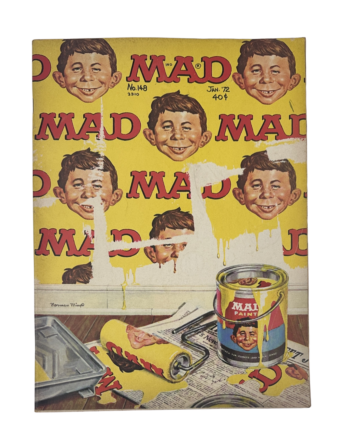 Cover of MAD Magazine No. 148 from January 1972, featuring a colorful illustration of a smiling character against a bright yellow background with the words 'MAD' prominently displayed.
