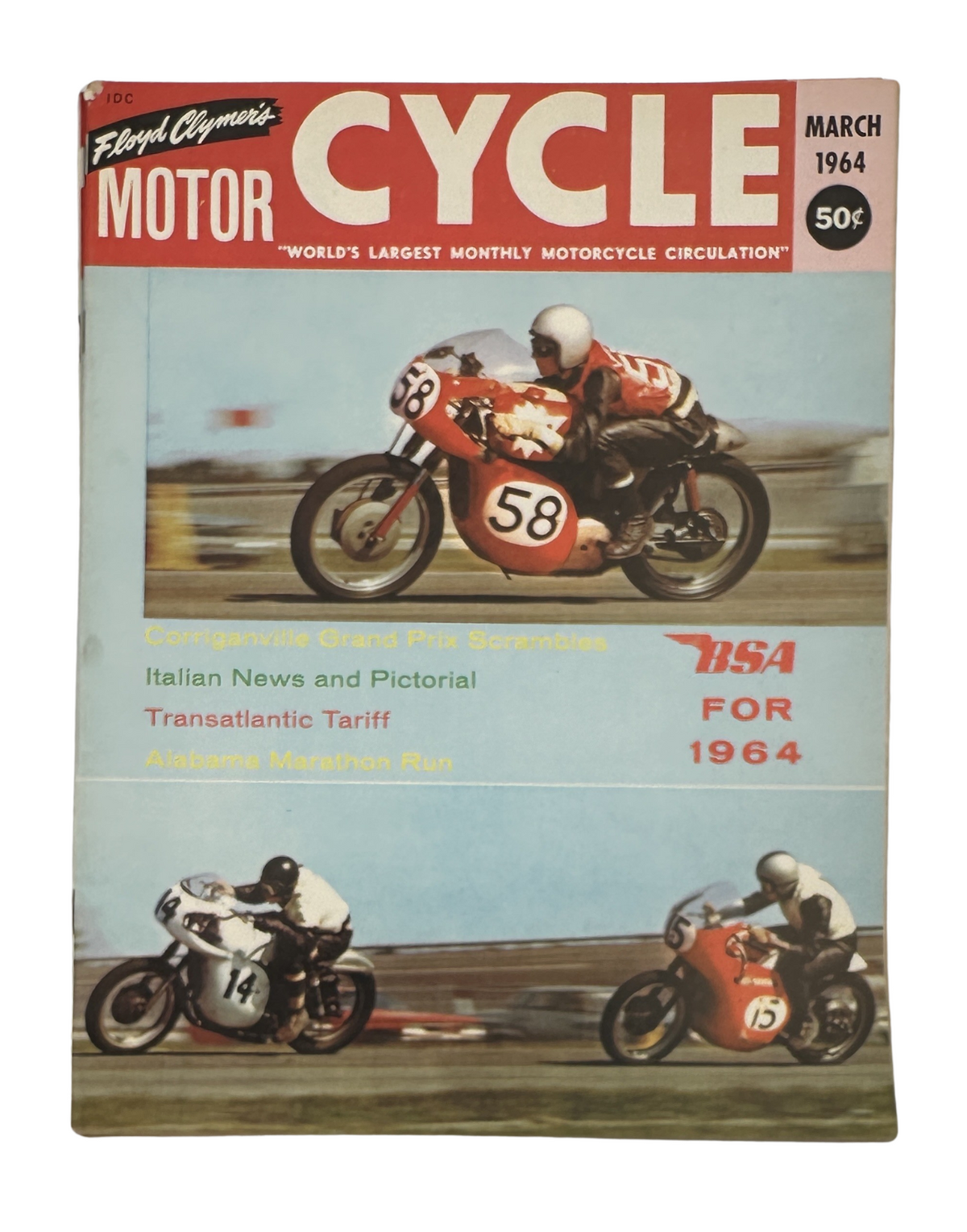 Cover of Cycle Magazine March 1964 featuring BSA Corriganville GP Scrambles and Daytona A.M.A., displaying motorcycle races and highlighting racing features in vibrant colors.