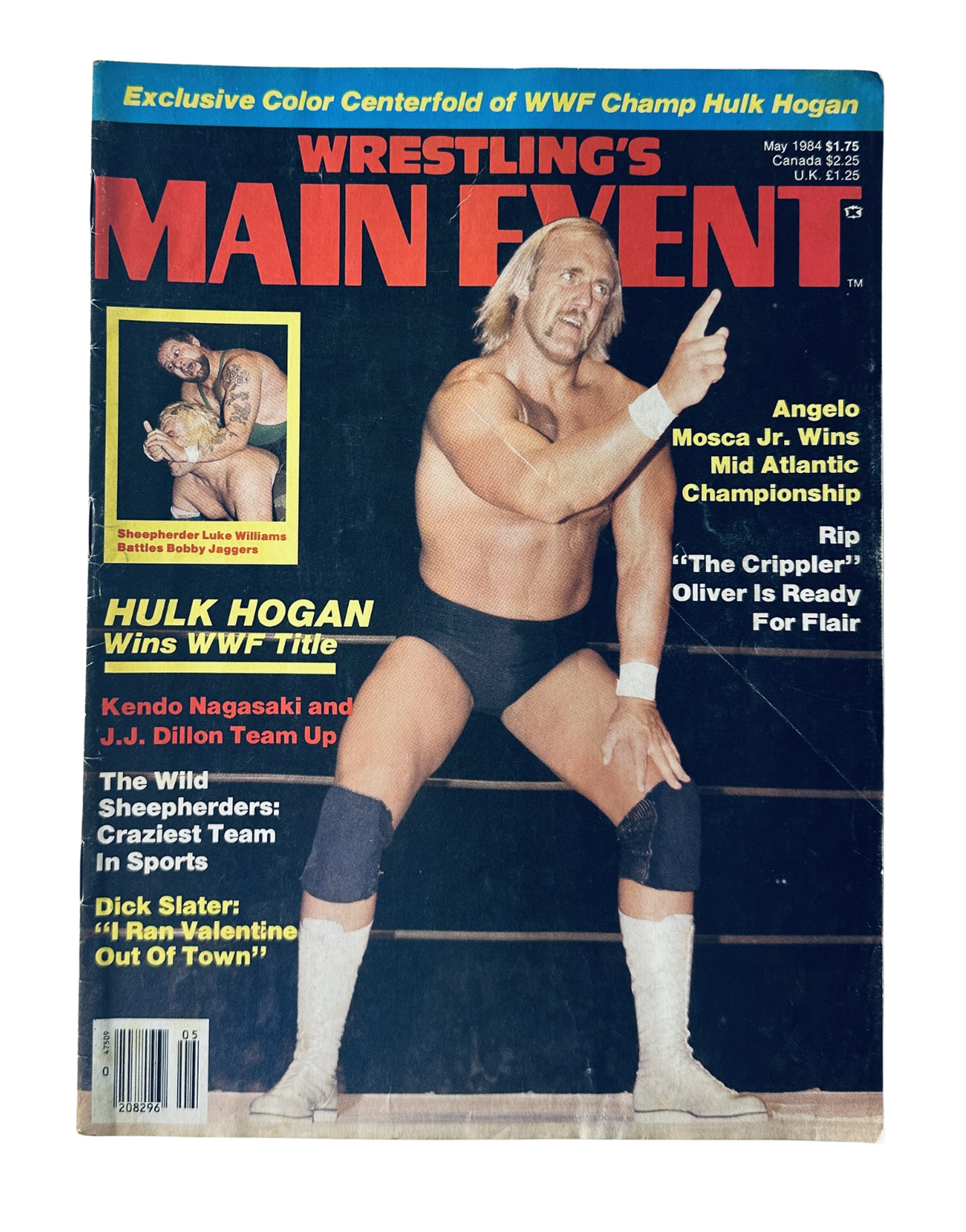 Wrestling's Main Event Magazine May 1984 featuring Hulk Hogan winning WWF Title and Angelo Mosca Jr. on the cover, highlighting wrestling matches and stars of the time.